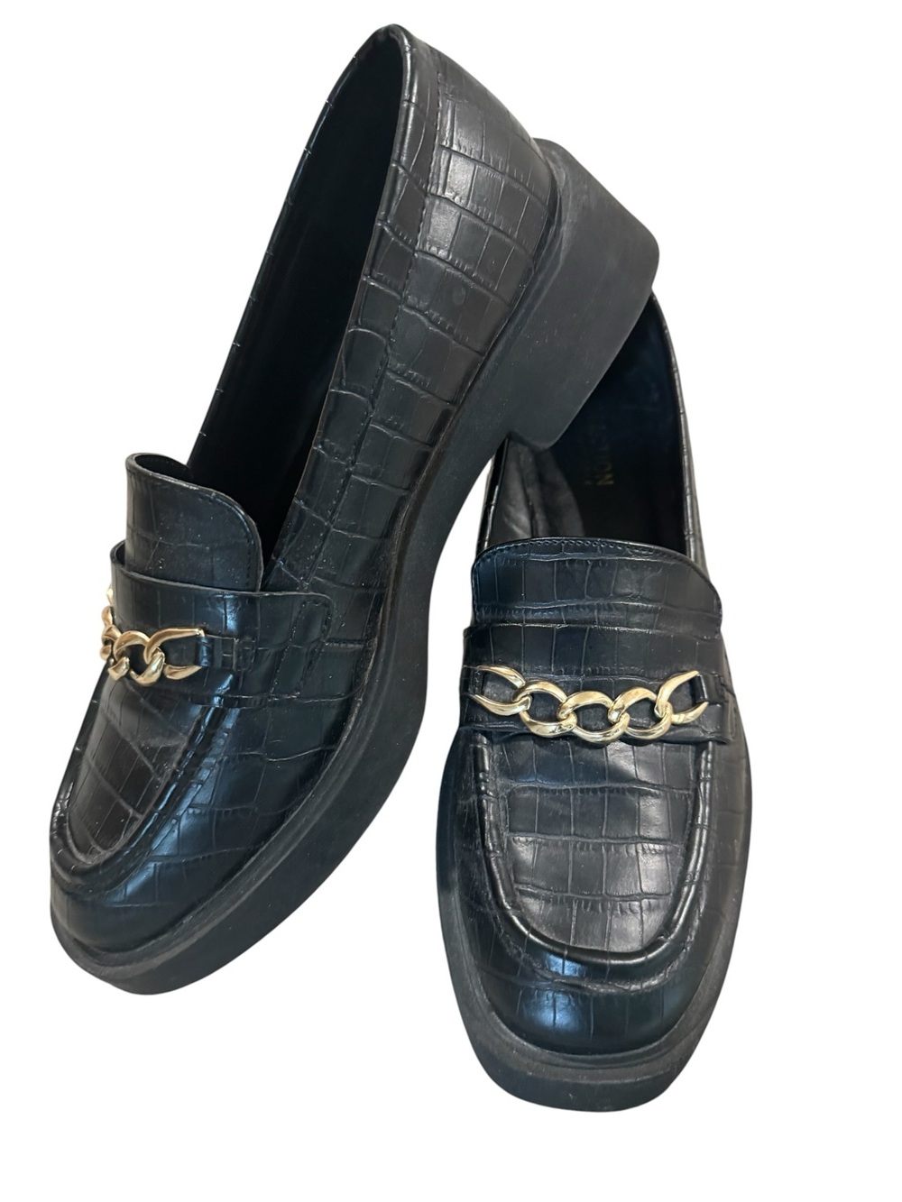 ✨🖤Kenneth Cole Women’s 90s Black Croc-Embossed Gold Chain Platform Loafers | 8.5